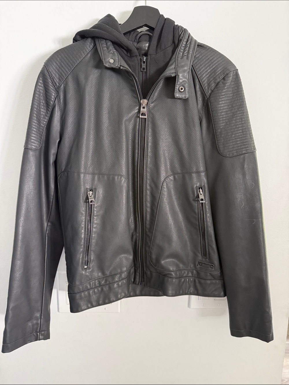 Guess Men's Black Faux Leather Bomber Jacket with Hood